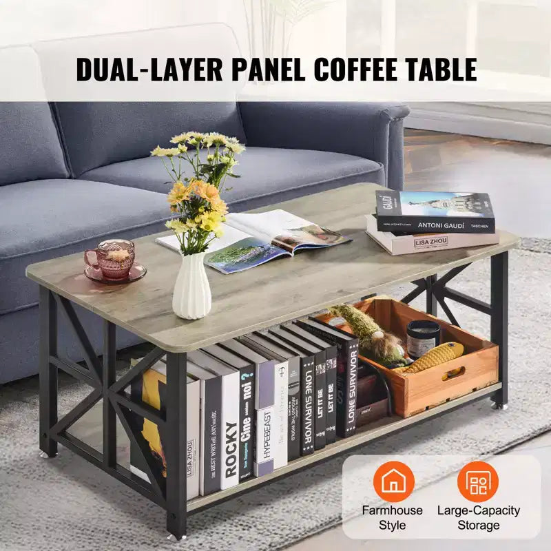 VEVOR 40 Table basse de ferme, table basse rectangulaire avec compartiment de rangement ouvert, table de cocktail rustique en bois, brun et noir