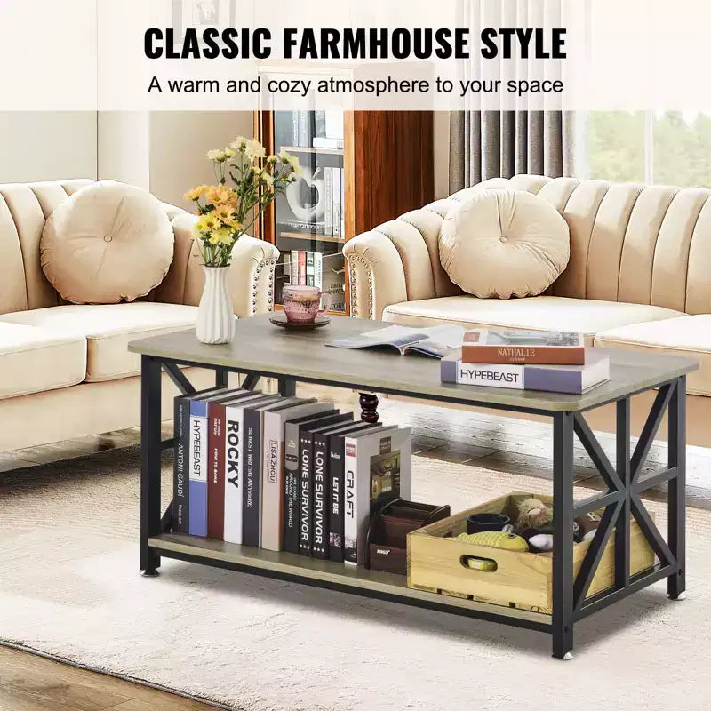 VEVOR 40 Table basse de ferme, table basse rectangulaire avec compartiment de rangement ouvert, table de cocktail rustique en bois, brun et noir