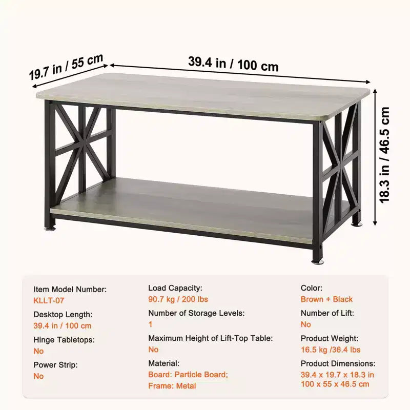 VEVOR 40 Table basse de ferme, table basse rectangulaire avec compartiment de rangement ouvert, table de cocktail rustique en bois, brun et noir