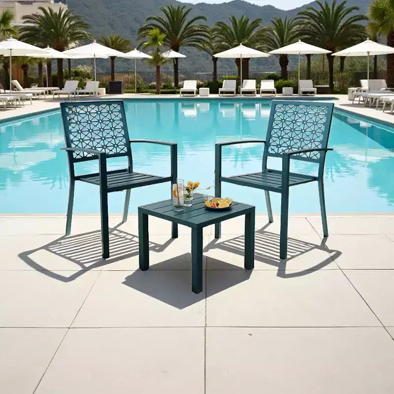 Ensemble bistro empilable 3 pièces - Mobilier de patio moderne en métal avec table carrée et chaises pour intérieur et extérieur, idéal pour arrière-cour, balcon et bord de piscine