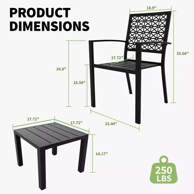 Ensemble bistro empilable 3 pièces - Mobilier de patio moderne en métal avec table carrée et chaises pour intérieur et extérieur, idéal pour arrière-cour, balcon et bord de piscine
