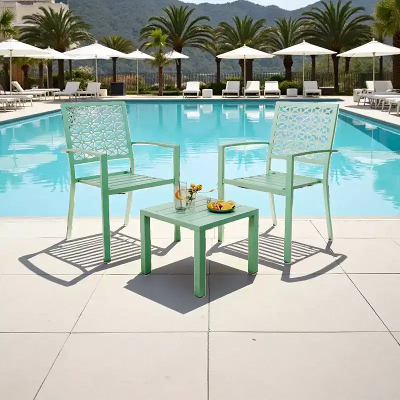 Ensemble bistro empilable 3 pièces - Mobilier de patio moderne en métal avec table carrée et chaises pour intérieur et extérieur, idéal pour arrière-cour, balcon et bord de piscine
