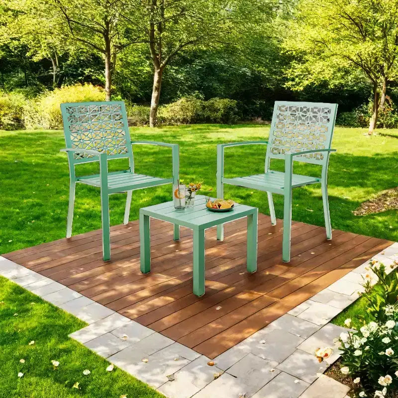 Ensemble bistro empilable 3 pièces - Mobilier de patio moderne en métal avec table carrée et chaises pour intérieur et extérieur, idéal pour arrière-cour, balcon et bord de piscine