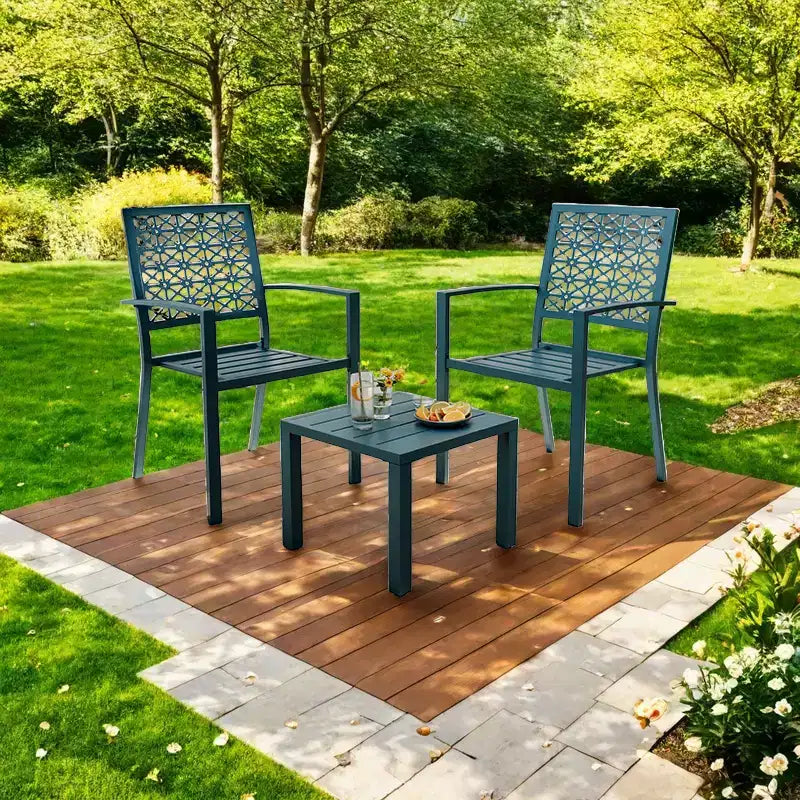 Ensemble bistro empilable 3 pièces - Mobilier de patio moderne en métal avec table carrée et chaises pour intérieur et extérieur, idéal pour arrière-cour, balcon et bord de piscine