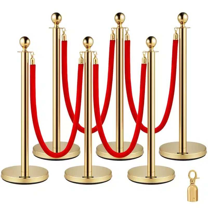 VEVOR Ensemble de gestion de foule argenté 6 pièces, poteaux en acier inoxydable avec corde rétractable rouge, hauteur 38 pouces, convient pour l'intérieur et l'extérieur, doré