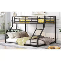 Okak Lit superposé bas au sol métallique Twin XL au-dessus de Queen, lit mezzanine bas avec échelle et garde-corps de sécurité pour enfants et ados, montage facile, noir