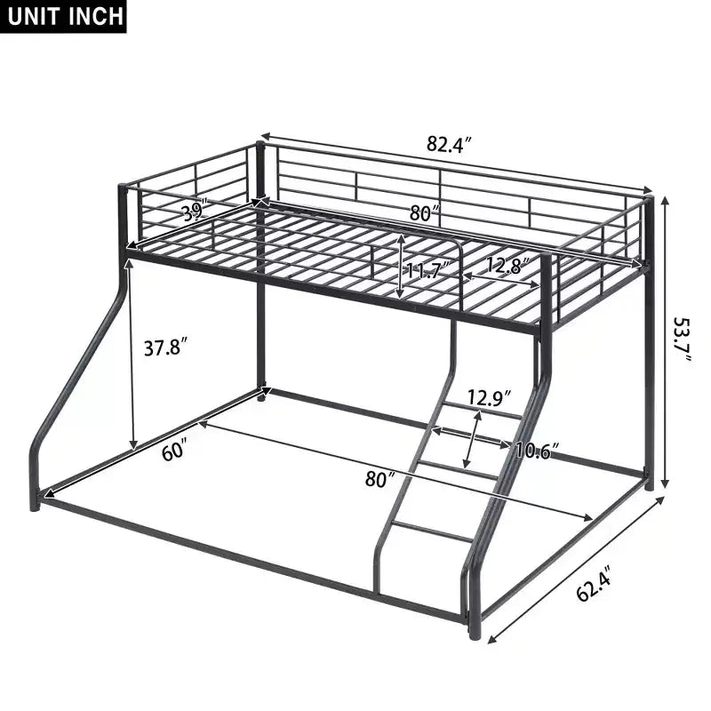 Okak Lit superposé bas au sol métallique Twin XL au-dessus de Queen, lit mezzanine bas avec échelle et garde-corps de sécurité pour enfants et ados, montage facile, noir