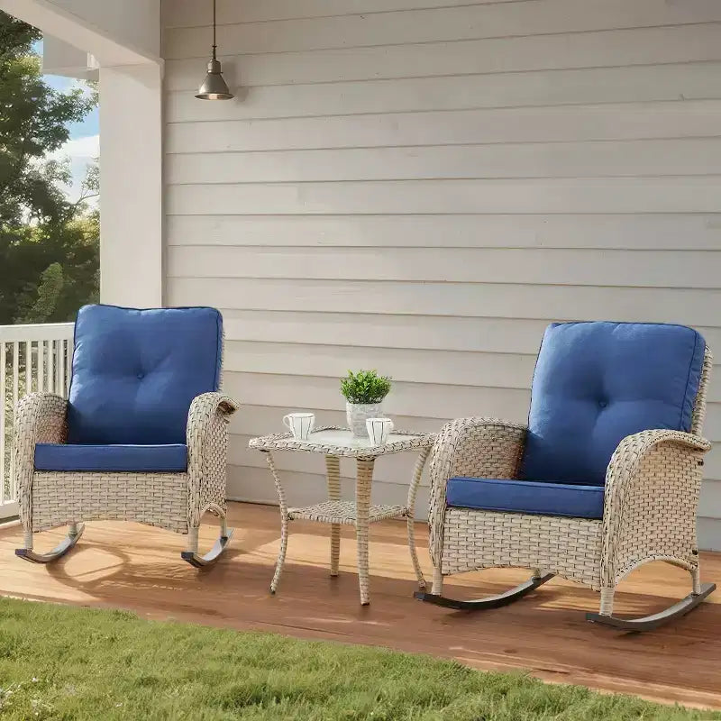 Ensemble de chaises à bascule Bestier Wicker Patio – Ensemble bistro de véranda 3 pièces avec chaises à bascule d'extérieur à dossier haut et table d'appoint pour terrasse ou balcon