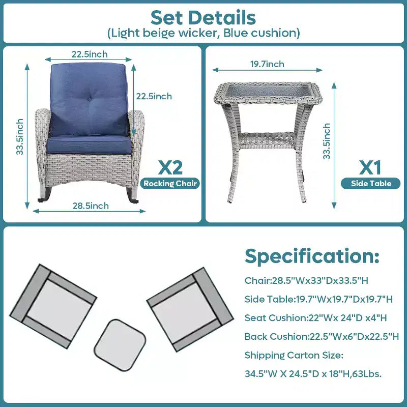 Ensemble de chaises à bascule Bestier Wicker Patio – Ensemble bistro de véranda 3 pièces avec chaises à bascule d'extérieur à dossier haut et table d'appoint pour terrasse ou balcon