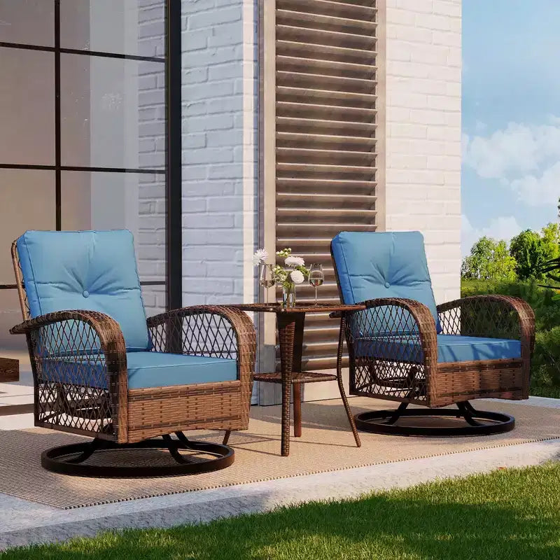 Chaises à bascule pivotantes de patio d'extérieur 3 pièces - Ensemble de mobilier bistro de patio en résine tressée avec coussins épais et table d'appoint à plateau en verre trempé pour porche