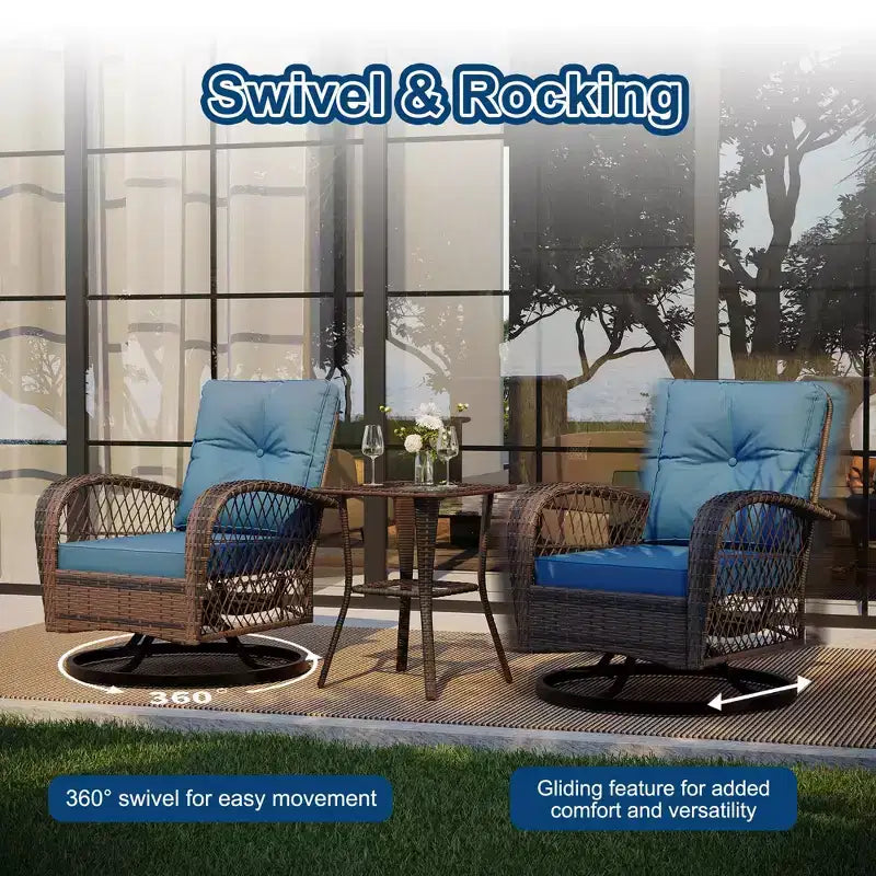 Ensemble de 3 Chaises Basculantes Pivotantes d'Extérieur pour Patio, Mobilier de Bistro en Osier avec Coussins Épais et Table d'Appoint en Verre Trempé pour Porche