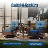 Chaises à bascule pivotantes de patio d'extérieur 3 pièces - Ensemble de mobilier bistro de patio en résine tressée avec coussins épais et table d'appoint à plateau en verre trempé pour porche