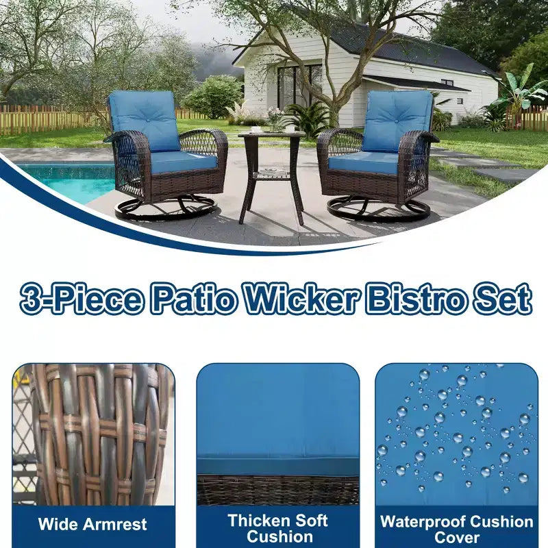 Chaises à bascule pivotantes de patio d'extérieur 3 pièces - Ensemble de mobilier bistro de patio en résine tressée avec coussins épais et table d'appoint à plateau en verre trempé pour porche