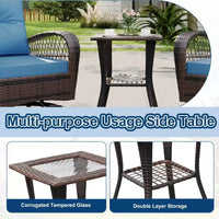 Chaises à bascule pivotantes de patio d'extérieur 3 pièces - Ensemble de mobilier bistro de patio en résine tressée avec coussins épais et table d'appoint à plateau en verre trempé pour porche