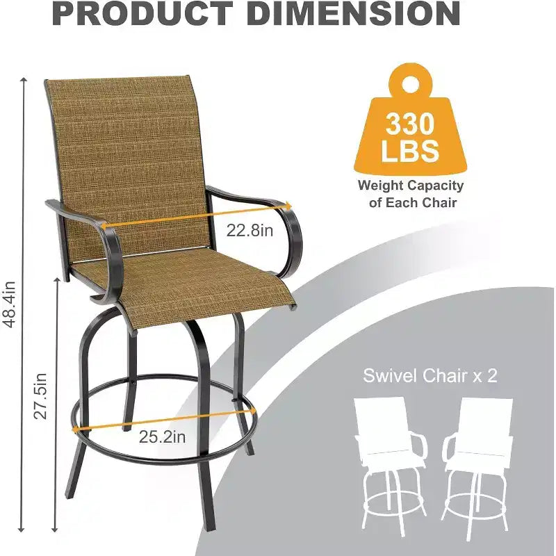 Ensemble de bar 2 pièces en tissu textile d'extérieur, 2 chaises pivotantes de terrasse, ensemble de bistrot tabouret haut pour piscine, jardin