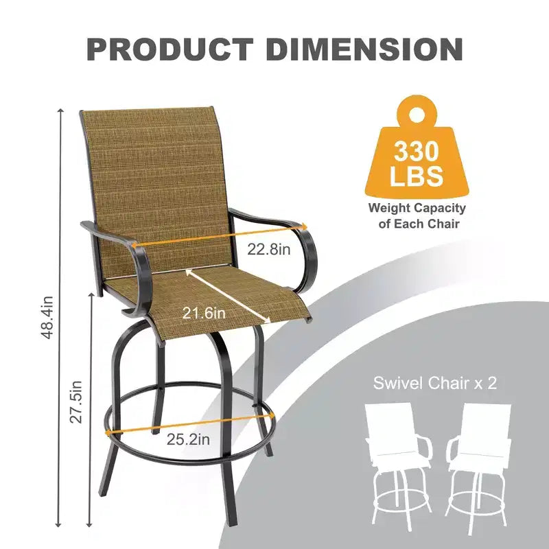 Ensemble de bar 2 pièces en tissu textile d'extérieur, 2 chaises pivotantes de terrasse, ensemble de bistrot tabouret haut pour piscine, jardin