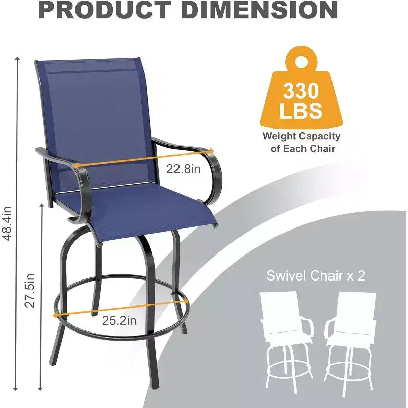 Ensemble de bar 2 pièces en tissu textile d'extérieur, 2 chaises pivotantes de terrasse, ensemble de bistrot tabouret haut pour piscine, jardin