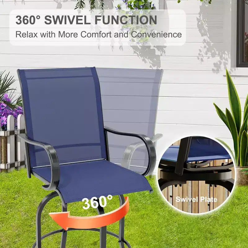 Ensemble de bar 2 pièces en tissu textile d'extérieur, 2 chaises pivotantes de terrasse, ensemble de bistrot tabouret haut pour piscine, jardin