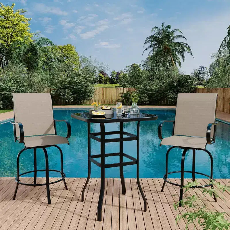 Ensemble de bar 2 pièces en tissu textile d'extérieur, 2 chaises pivotantes de terrasse, ensemble de bistrot tabouret haut pour piscine, jardin