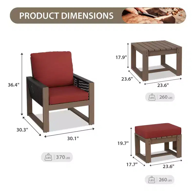 EAGLE PEAK Ensemble bistro 5 pièces en bois de cèdre naturel - Mobilier de patio d'extérieur, petit ensemble de conversation de balcon avec ottomans et table basse