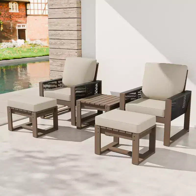 EAGLE PEAK Ensemble bistro 5 pièces en bois de cèdre naturel, mobilier de jardin, petit salon de balcon avec poufs et table basse