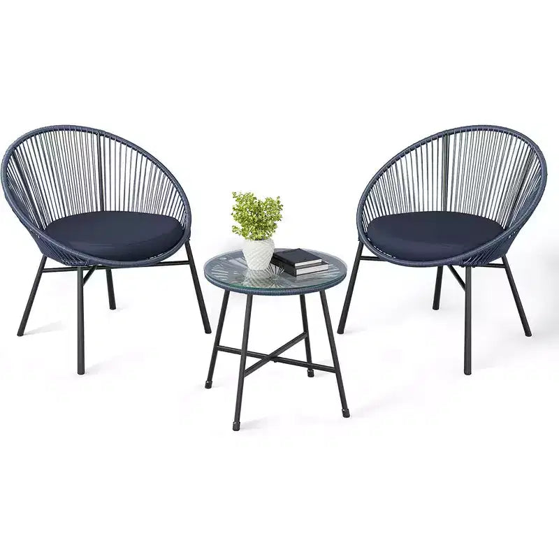 Ensemble de 3 chaises Acapulco, ensemble de bistro de terrasse extérieure avec 2 chaises en osier et 1 table en verre trempé