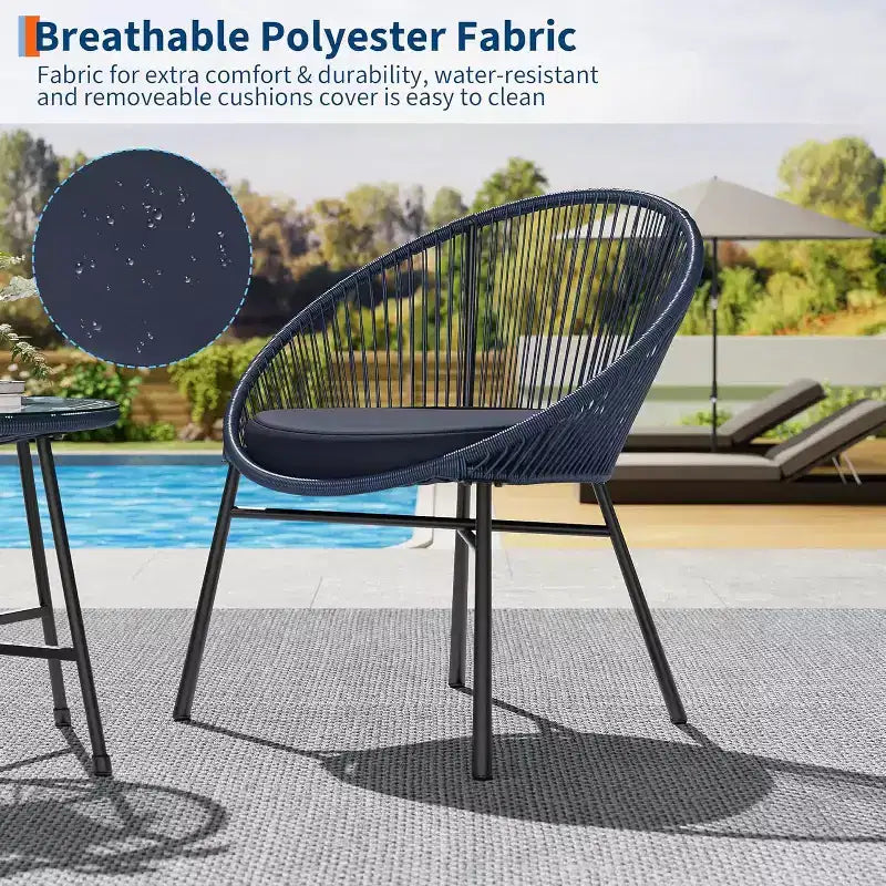 Ensemble de 3 chaises Acapulco, ensemble de bistro de terrasse extérieure avec 2 chaises en osier et 1 table en verre trempé
