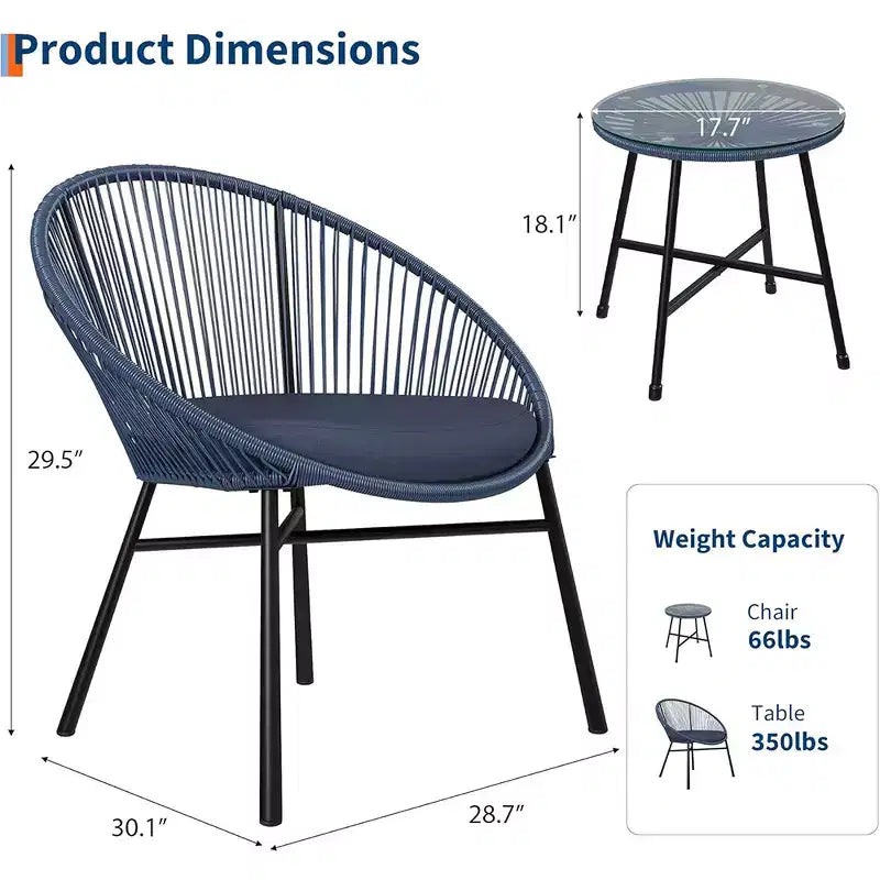 Ensemble de 3 chaises Acapulco, ensemble de bistro de terrasse extérieure avec 2 chaises en osier et 1 table en verre trempé