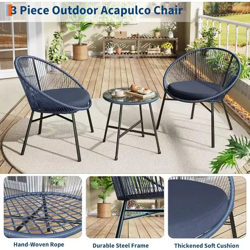 Ensemble de 3 chaises Acapulco, ensemble de bistro de terrasse extérieure avec 2 chaises en osier et 1 table en verre trempé
