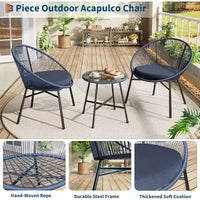 Ensemble de 3 chaises Acapulco, ensemble de bistro de terrasse extérieure avec 2 chaises en osier et 1 table en verre trempé