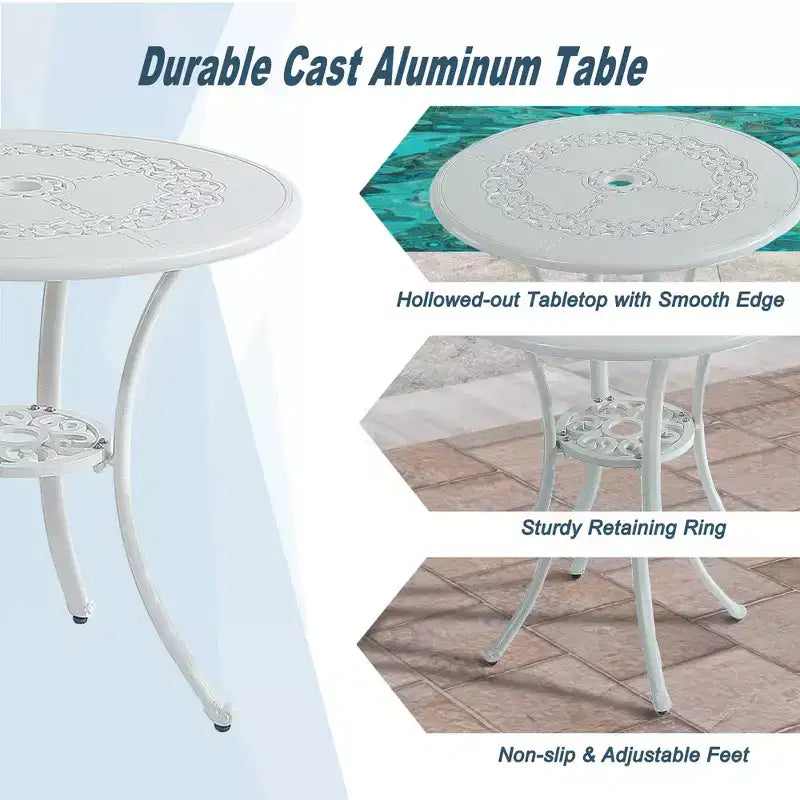 CLIHOME Ensemble bistrot 3 pièces en fonte d'aluminium avec table et chaises avec trou pour parasol