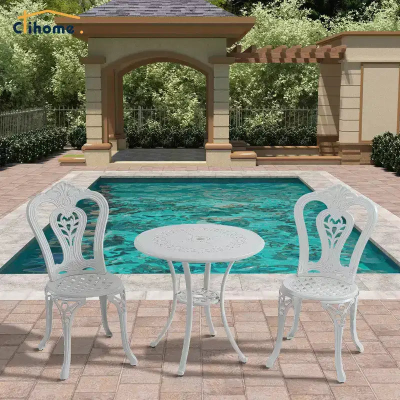 CLIHOME Ensemble bistrot 3 pièces en fonte d'aluminium avec table et chaises avec trou pour parasol