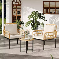 Ensemble de mobilier de patio d'extérieur 3 pièces avec 2 chaises rembourrées en rotin et table basse ronde en verre, ensemble résistant aux intempéries pour arrière-cour et bord de piscine, Beige