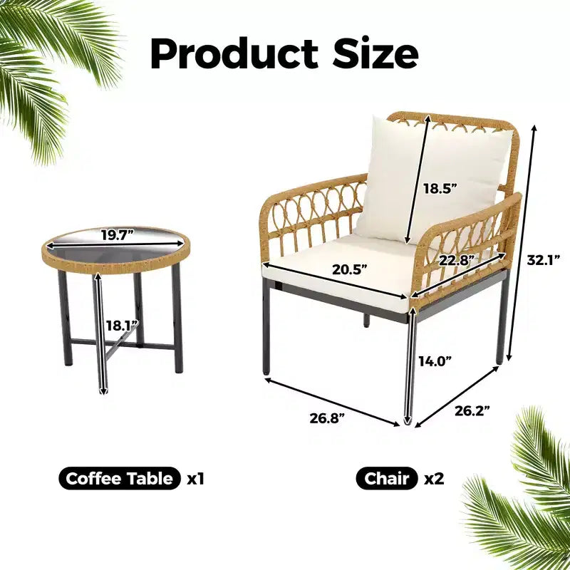 Ensemble de mobilier de patio d'extérieur 3 pièces avec 2 chaises rembourrées en rotin et table basse ronde en verre, ensemble résistant aux intempéries pour arrière-cour et bord de piscine, Beige