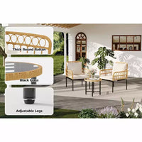 Ensemble de mobilier de patio d'extérieur 3 pièces avec 2 chaises rembourrées en rotin et table basse ronde en verre, ensemble résistant aux intempéries pour arrière-cour et bord de piscine, Beige