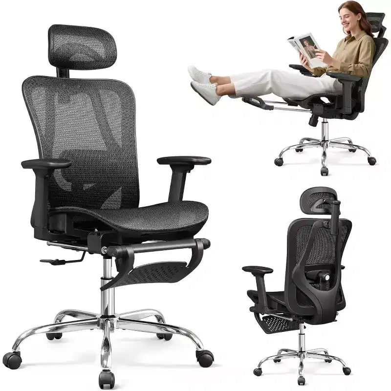 Chaise de bureau ergonomique en maille GALAXHERO, dossier haut inclinable, avec repose-pieds rétractable, support lombaire réglable et fonction d'inclinaison, noire
