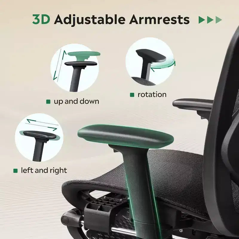 Chaise de bureau ergonomique en maille GALAXHERO, dossier haut inclinable, avec repose-pieds rétractable, support lombaire réglable et fonction d'inclinaison, noire