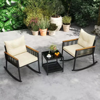 Ensemble de bistrot basculant d'extérieur Costway 3 pièces avec table basse à 2 niveaux, accoudoirs en bois d'acacia