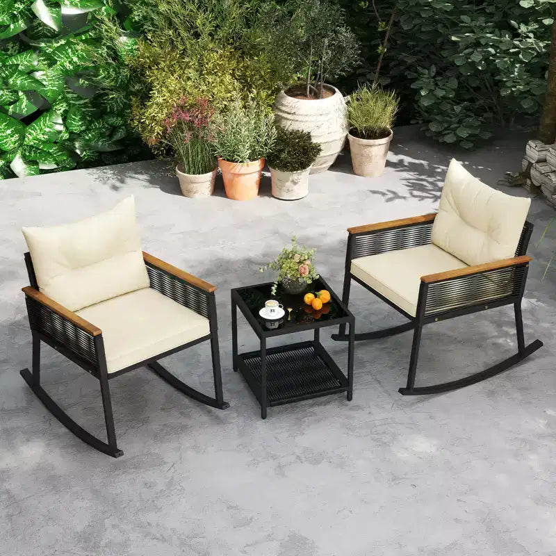 Ensemble de bistrot basculant d'extérieur Costway 3 pièces avec table basse à 2 niveaux, accoudoirs en bois d'acacia