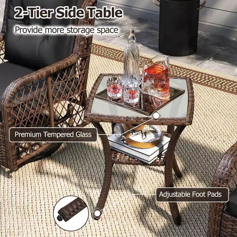 Costway Salon de Jardin 3 Pièces avec Table d'Appoint à 2 Niveaux et Coussins pour Porche Marron/Noir