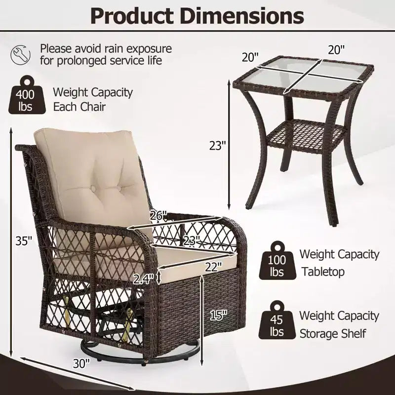 Costway Salon de Jardin 3 Pièces avec Table d'Appoint à 2 Niveaux et Coussins pour Porche Marron/Noir
