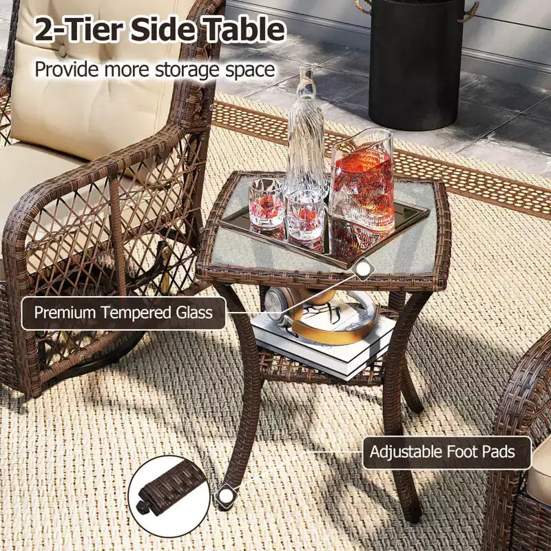 Costway Salon de Jardin 3 Pièces avec Table d'Appoint à 2 Niveaux et Coussins pour Porche Marron/Noir