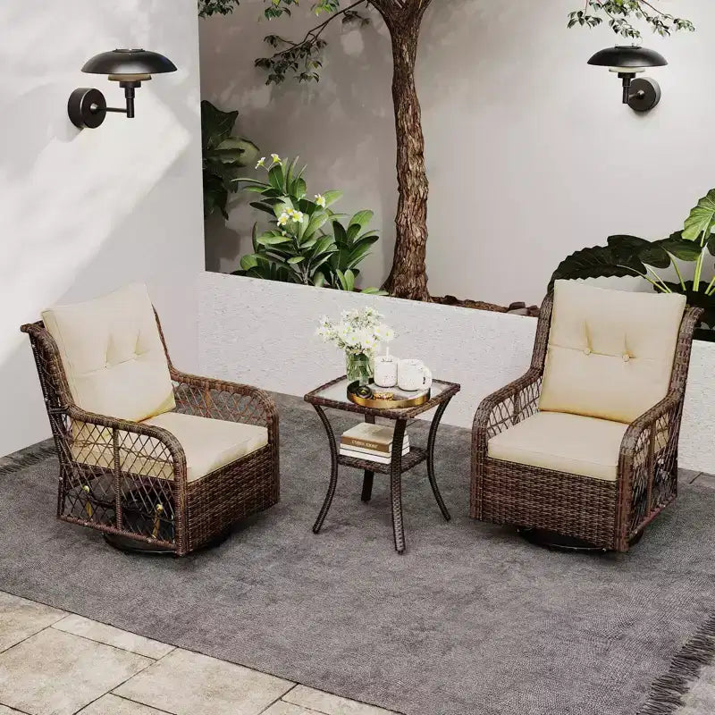 Costway Salon de Jardin 3 Pièces avec Table d'Appoint à 2 Niveaux et Coussins pour Porche Marron/Noir
