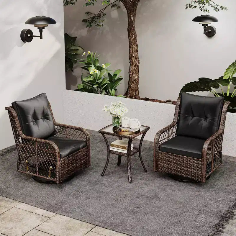 Costway Salon de Jardin 3 Pièces avec Table d'Appoint à 2 Niveaux et Coussins pour Porche Marron/Noir