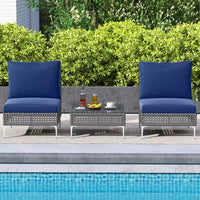 Ensemble de mobilier de patio Costway 3 pièces avec table basse en verre trempé, coussins moelleux pour le dossier et l'assise Bleu marine/Blanc/Gris