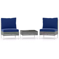 Ensemble de mobilier de patio Costway 3 pièces avec table basse en verre trempé, coussins moelleux pour le dossier et l'assise Bleu marine/Blanc/Gris