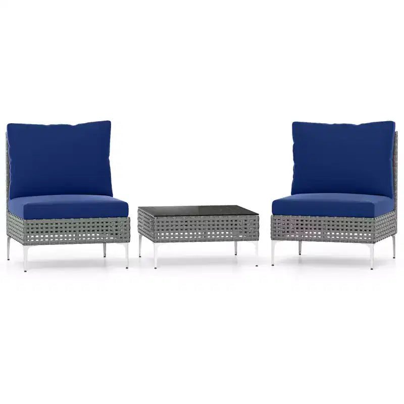 Ensemble de mobilier de patio Costway 3 pièces avec table basse en verre trempé, coussins moelleux pour le dossier et l'assise Bleu marine/Blanc/Gris
