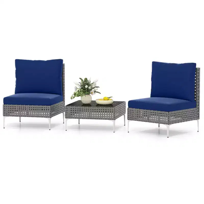 Ensemble de mobilier de patio Costway 3 pièces avec table basse en verre trempé, coussins moelleux pour le dossier et l'assise Bleu marine/Blanc/Gris