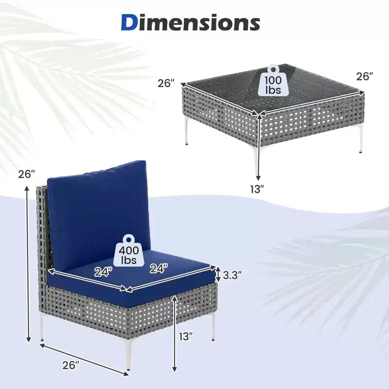 Ensemble de mobilier de patio Costway 3 pièces avec table basse en verre trempé, coussins moelleux pour le dossier et l'assise Bleu marine/Blanc/Gris
