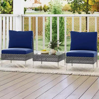 Ensemble de mobilier de patio Costway 3 pièces avec table basse en verre trempé, coussins moelleux pour le dossier et l'assise Bleu marine/Blanc/Gris